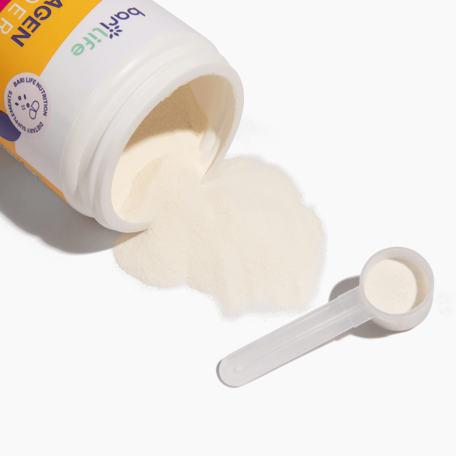 Bariatric Collagen Powder in Berry Lemonade flavor, showcasing product container and scoop with powder.